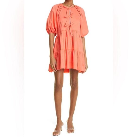 Cinq à Sept Lynn Tiered Puff Sleeve Dress Neon Coral NWT Size 6